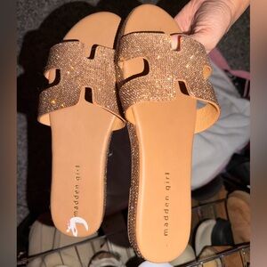 Madden Girl Glittery Tan Slide Sandals